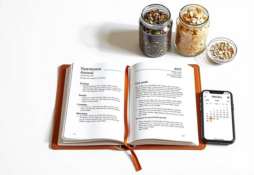 Essenstagebuch und Smartphone mit Terminplan auf Holztisch